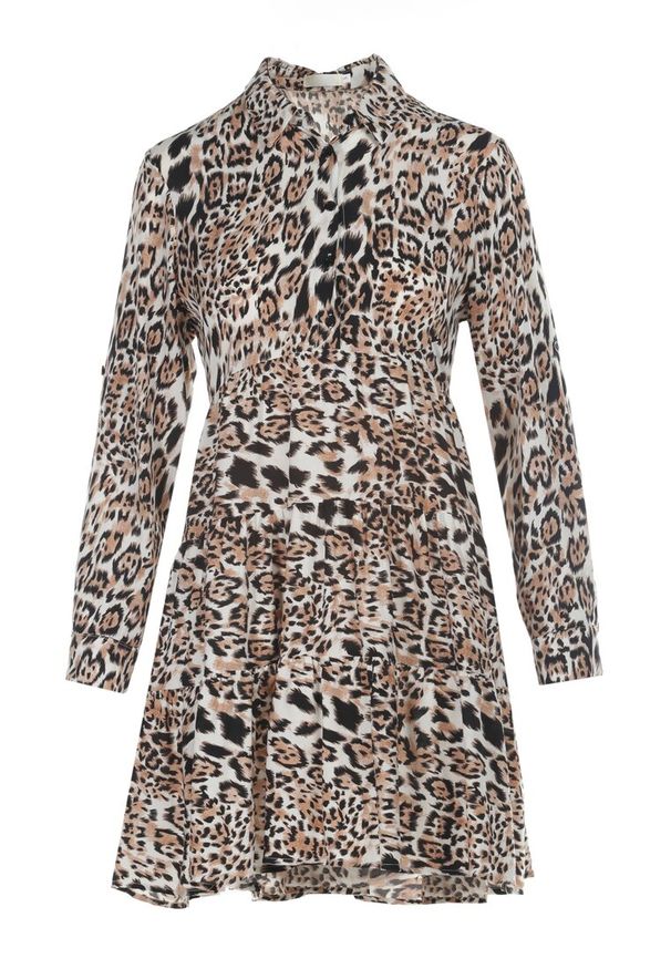 Born2be - Brązowo-Czarna Sukienka Nethanthe. Kolor: brązowy. Długość rękawa: długi rękaw. Wzór: motyw zwierzęcy. Typ sukienki: koszulowe. Długość: mini