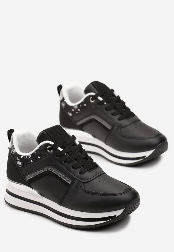 Born2be - Czarne Sznurowane Sneakersy na Płaskiej Podeszwie Zdobione Brokatem Gerine. Kolor: czarny. Materiał: materiał. Wzór: aplikacja. Obcas: na płaskiej podeszwie