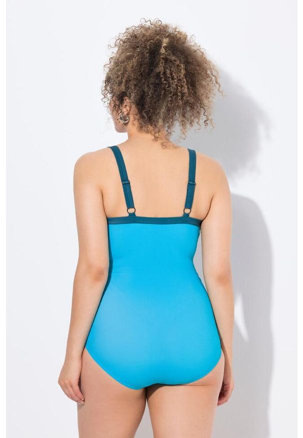 ULLA POPKEN - Damski Strój kąpielowy naszywki miękkie miseczki z recyklingu. Kolekcja: plus size. Kolor: niebieski. Materiał: poliester, elastan, poliamid, materiał. Wzór: aplikacja