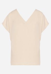 Born2be - Beżowa Bluzka z Krótkim Rękawem i Dekoltem w Serek Rellema. Okazja: na co dzień. Typ kołnierza: dekolt w serek. Kolekcja: plus size. Kolor: beżowy. Materiał: jeans. Długość rękawa: krótki rękaw. Długość: krótkie. Styl: casual, elegancki #5