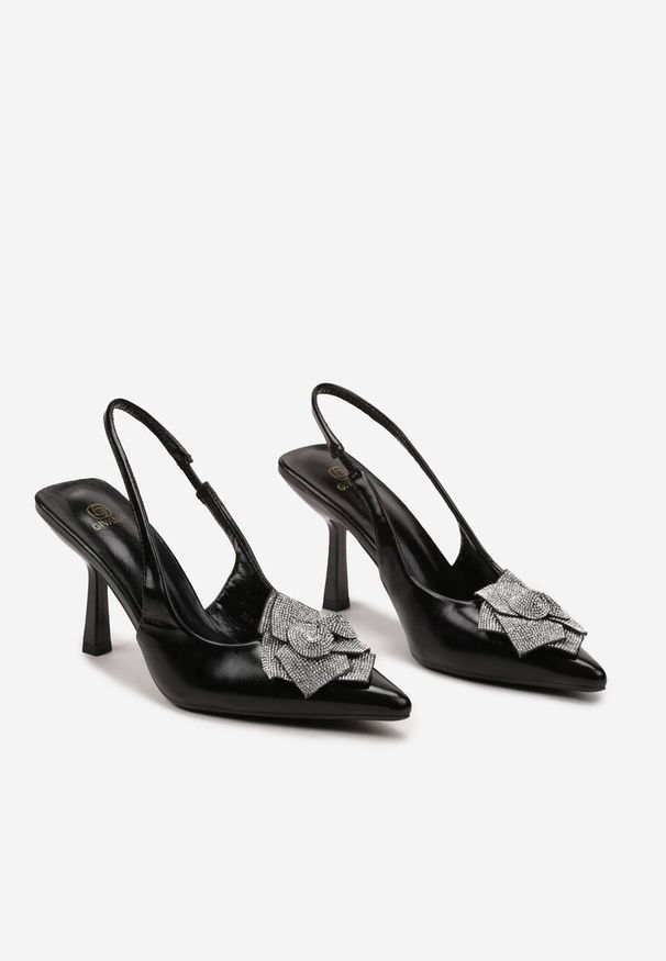 Renee - Czarne Sandały z Aplikacją Kwiatka z Cyrkoniami i z Geometryczną Szpilką Anabra. Okazja: na randkę. Kolor: czarny. Wzór: kwiaty, geometria, aplikacja