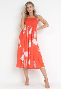Born2be - Pomarańczowa Sukienka Midi na Ramiączkach w Kwiaty Godeberta. Kolor: pomarańczowy. Długość rękawa: na ramiączkach. Wzór: kwiaty. Styl: wakacyjny. Długość: midi #1