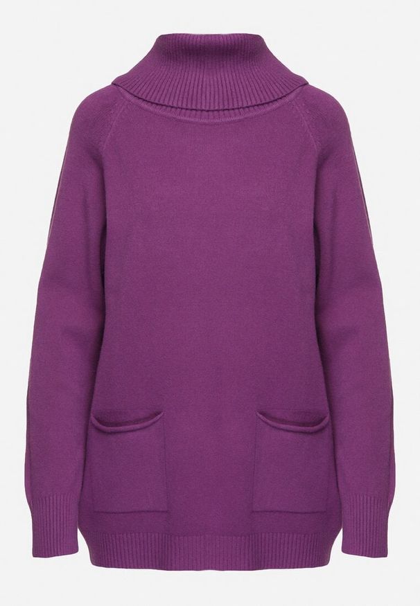 Born2be - Fioletowy Golf z Wiskozą Zdobiony Wsuwanymi Kieszonkami Viaela. Okazja: na co dzień. Typ kołnierza: golf. Kolekcja: plus size. Kolor: fioletowy. Długość: długie. Wzór: aplikacja. Materiał: wiskoza. Długość rękawa: długi rękaw. Styl: casual, elegancki