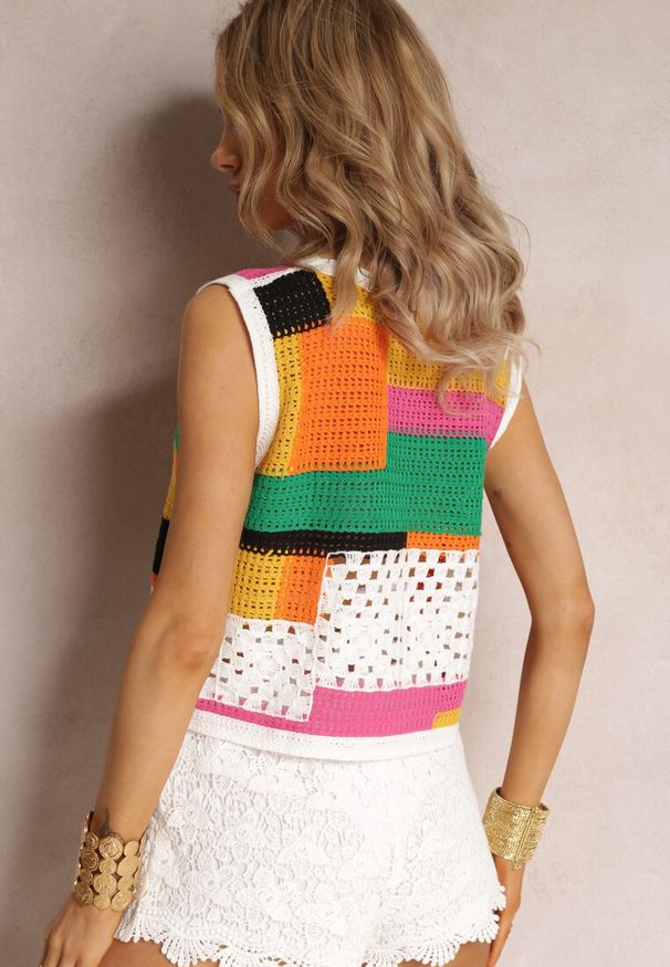 Renee - Biało-Żółty Top z Bawełnianej Dzierganej Tkaniny Zapinany na Guziki Kawayne. Kolor: biały. Materiał: tkanina, dziergany, bawełna. Styl: boho