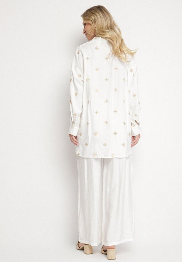 Born2be - Biały Wiskozowy Komplet z Koszulą z Haftem i Szerokimi Spodniami Thannora. Kolor: biały. Materiał: wiskoza. Wzór: haft