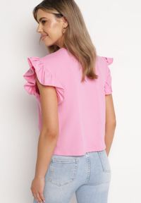 Born2be - Jasnoróżowy T-shirt z Falowanym Rękawem Aidira. Kolor: różowy. Materiał: jeans. Długość rękawa: krótki rękaw. Długość: krótkie #5