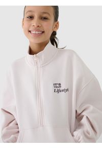 4f - 4F Bluza dresowa nierozpinana bez kaptura dziewczęca - biała 152 (11-12 lat). Okazja: na co dzień. Typ kołnierza: bez kaptura. Kolor: beżowy. Materiał: dresówka. Wzór: napisy, gładki, ze splotem. Sezon: lato. Styl: casual, sportowy #1