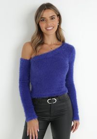 Born2be - Granatowy Sweter na Jedno Ramię Yile. Kolor: niebieski. Sezon: zima