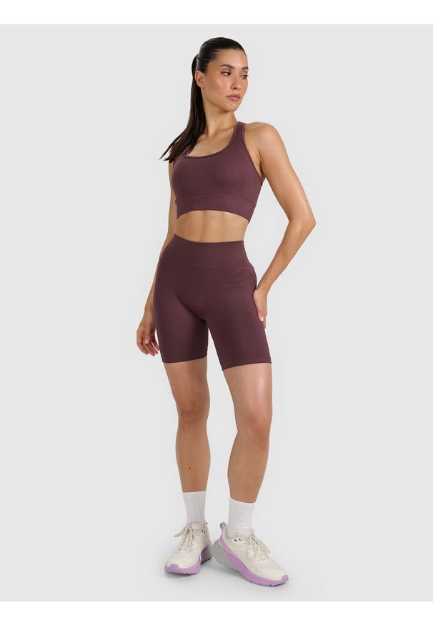 4f - 4F Biustonosz treningowy z niskim wsparciem damski - brązowy M/L. Kolor: brązowy. Materiał: elastan, materiał, włókno, dzianina, skóra, syntetyk. Rodzaj stanika: wyciągane miseczki. Sport: fitness, joga i pilates