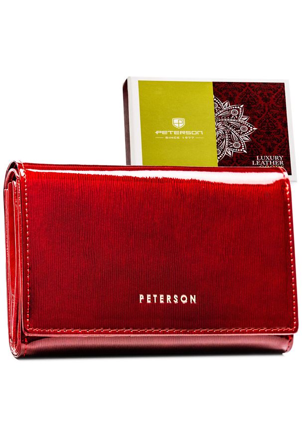 Lakierowany, czerwony portfel damski zamykany na zatrzask - Peterson. Kolor: czerwony. Materiał: lakier