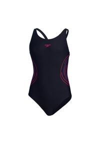 Stroje kąpielowe treningowe dziewczęce Speedo Placement Muscleback. Kolor: różowy, niebieski, wielokolorowy. Wzór: nadruk