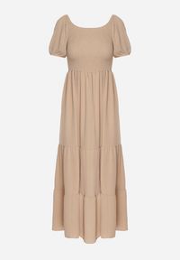 Born2be - Beżowa Rozkloszowana Sukienka z Dekoltem Typu Hiszpanka z Marszczeniem Lumorice. Okazja: na co dzień. Typ kołnierza: dekolt hiszpanka. Kolor: beżowy. Styl: casual, elegancki #2