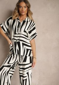 Renee - Czarno-Biały Komplet o Kroju Oversize z Lnem Koszula i Szerokie Spodnie Miravinia. Kolor: czarny. Materiał: len