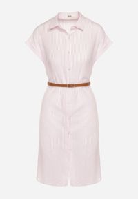 Born2be - Różowa Bawełniana Sukienka Koszulowa z Krótkim Rękawem i Paskiem w Talii Nulefia. Kolor: różowy. Materiał: bawełna. Długość rękawa: krótki rękaw. Typ sukienki: koszulowe. Styl: klasyczny, elegancki #2