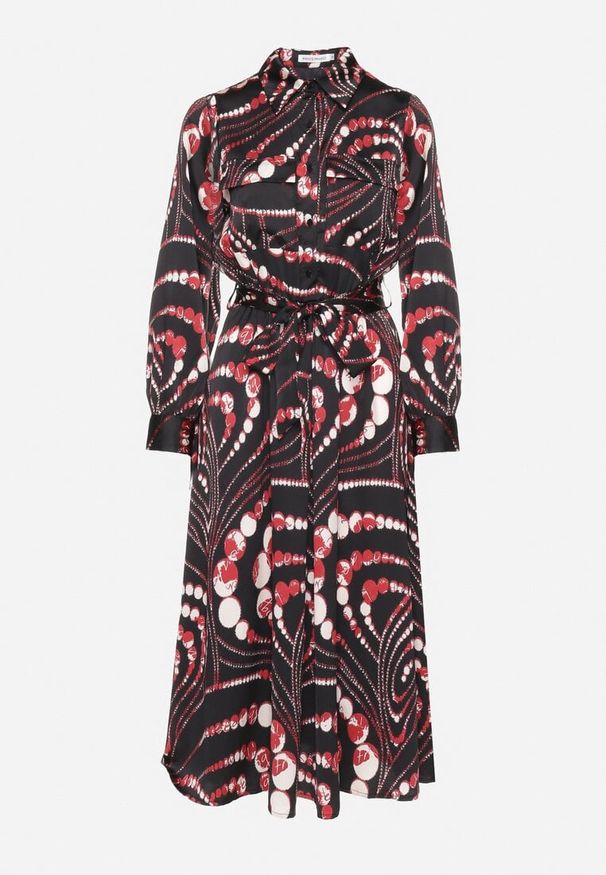 Born2be - Czarno-Czerwona Rozkloszowana Sukienka o Koszulowym Kroju z Gumką w Pasie w Abstrakcyjny Wzór Daltinnia. Okazja: na co dzień. Kolor: czarny. Długość rękawa: długi rękaw. Typ sukienki: koszulowe. Styl: casual