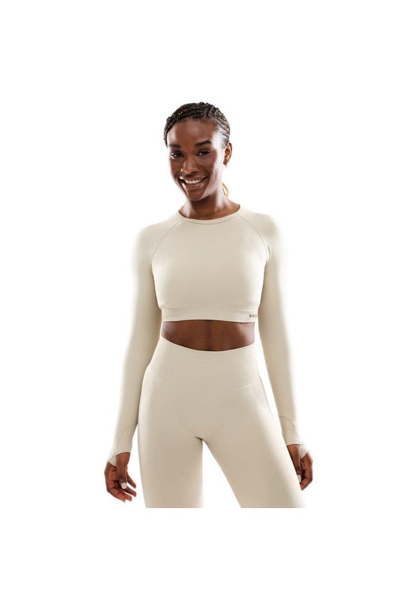 SIROKO - Damska bezszwowa sportowa koszulka crop top z długim rękawem Fitness Siroko Vi. Okazja: na co dzień. Kolor: beżowy. Materiał: materiał, tkanina. Długość rękawa: długi rękaw. Długość: długie. Styl: sportowy