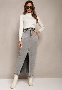 Renee - Szara Spódnica Jeansowa Maxi z Paskiem Mullese. Stan: podwyższony. Kolor: szary. Materiał: jeans. Styl: klasyczny #3