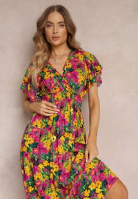 Renee - Żółto-Fuksjowa Rozkloszowana Sukienka Maxi z Gumką w Pasie z Wiskozy Femia. Kolor: żółty. Materiał: wiskoza. Długość: maxi #4