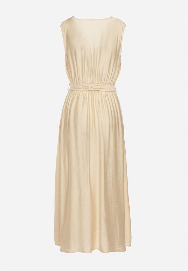 Born2be - Beżowa Rozkloszowana Sukienka z Wiskozą Kopertowym Dekoltem i Materiałowym Paskiem w Talii Jenvia. Okazja: na spacer. Typ kołnierza: dekolt kopertowy. Kolor: beżowy. Materiał: materiał, wiskoza. Sezon: lato. Typ sukienki: kopertowe. Styl: klasyczny