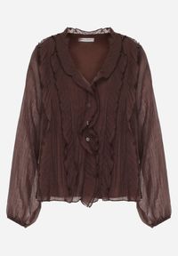 Born2be - Brązowa Bluzka Koszulowa z Dekoltem w Serek Zdobiona Falbankami Nailiphis. Okazja: na co dzień, do pracy, na spotkanie biznesowe. Typ kołnierza: dekolt w serek, kołnierz z falbankami. Kolor: brązowy. Materiał: jeans. Wzór: aplikacja. Styl: biznesowy, klasyczny, casual, elegancki #5