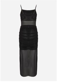 Born2be - Czarna Siateczkowa Sukienka Koktajlowa z Marszczenia i Przezroczystymi Wstawkami Zelllisa. Kolor: czarny. Materiał: wiskoza, materiał, lakier. Długość rękawa: na ramiączkach. Styl: wizytowy #5