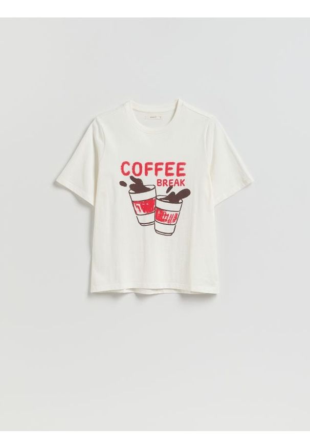Reserved - Bawełniany t-shirt z nadrukiem - złamana biel. Materiał: bawełna. Wzór: nadruk