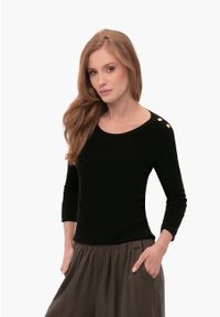 Volcano - Koszulka damska z rękawem 3/4, Slim Fit, L-KATI. Kolor: czarny. Materiał: bawełna, elastan, prążkowany, materiał. Długość rękawa: długi rękaw. Wzór: prążki