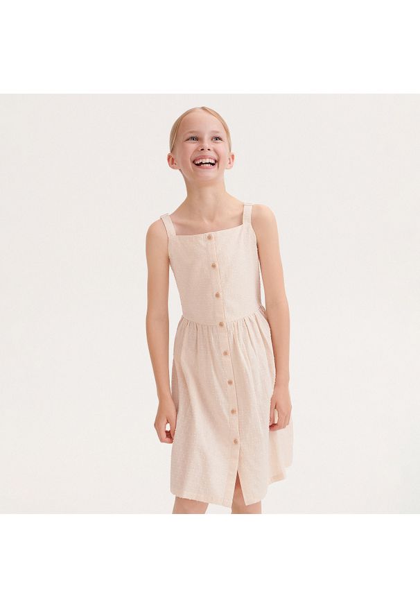 Reserved - Sukienka na ramiączkach - Kremowy. Kolor: kremowy. Materiał: bawełna. Długość rękawa: na ramiączkach