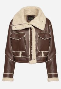 Born2be - Brązowa Krótka Kurtka Biker z Szerokim Kołnierzem i Kieszeniami na Napy Naorielle. Okazja: na co dzień. Kolor: brązowy. Materiał: jeans, futro. Długość: krótkie. Wzór: aplikacja. Styl: wizytowy, casual #6