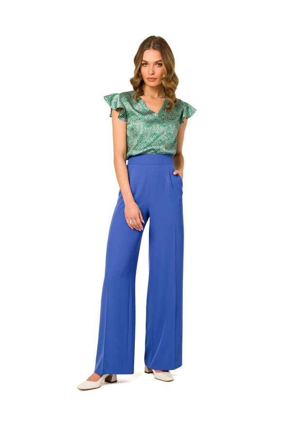 MOE - szerokie spodnie, z wysokim stanem - Niebieskie. Stan: podwyższony. Kolor: niebieski. Materiał: poliester, elastan