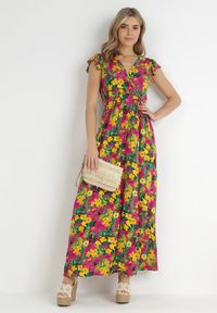 Born2be - Żółto-Różowa Sukienka Oceshi. Typ kołnierza: kokarda, kołnierz z falbankami. Kolor: żółty. Materiał: materiał. Wzór: kwiaty. Typ sukienki: kopertowe. Długość: maxi #8