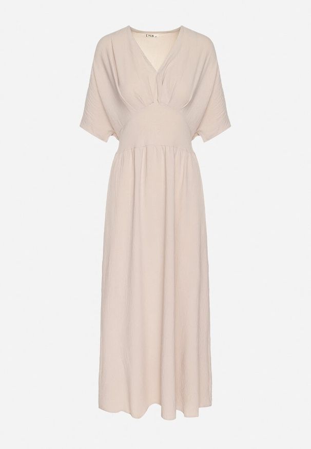 Born2be - Jasnobeżowa Rozkloszowana Sukienka z Gumką w Talii i Dekoltem w Serek Iffara. Okazja: na co dzień, do pracy, na spotkanie biznesowe. Typ kołnierza: dekolt w serek. Kolor: beżowy. Styl: biznesowy, casual