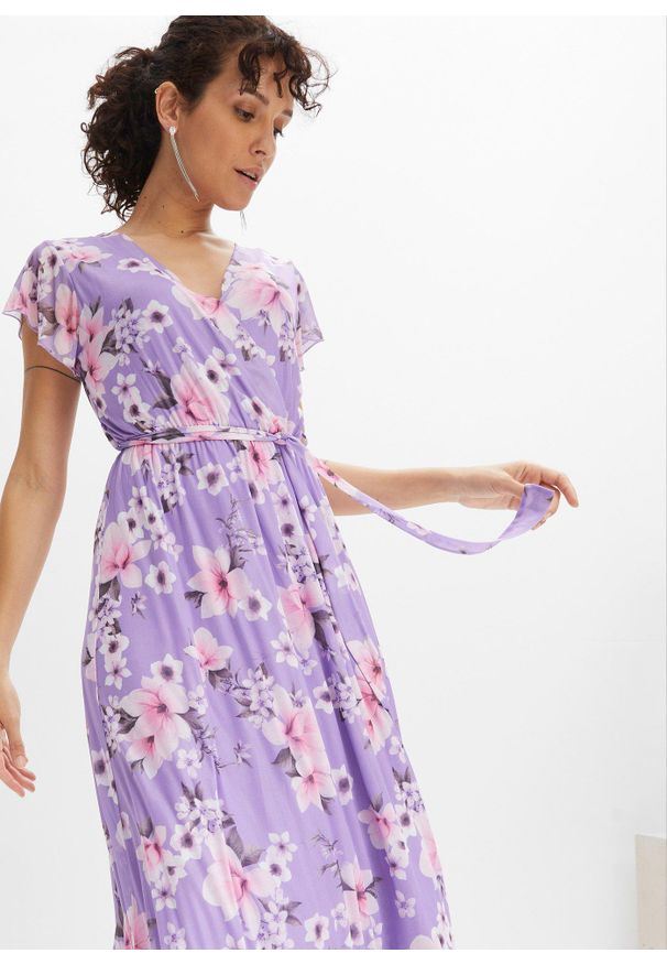 bonprix - Sukienka midi z siatkowego materiału z nadrukiem. Kolor: fioletowy. Materiał: materiał. Wzór: nadruk. Długość: midi