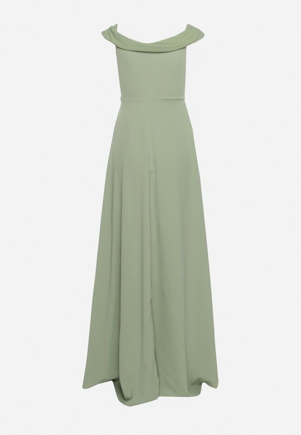 Born2be - Jasnozielona Koktajlowa Rozkloszowana Sukienka z Hiszpańskim Dekoltem i Rozcięciem na Nogę Gralia. Okazja: na studniówkę, na ślub cywilny, na wesele. Kolor: zielony. Typ sukienki: rozkloszowane. Styl: wizytowy