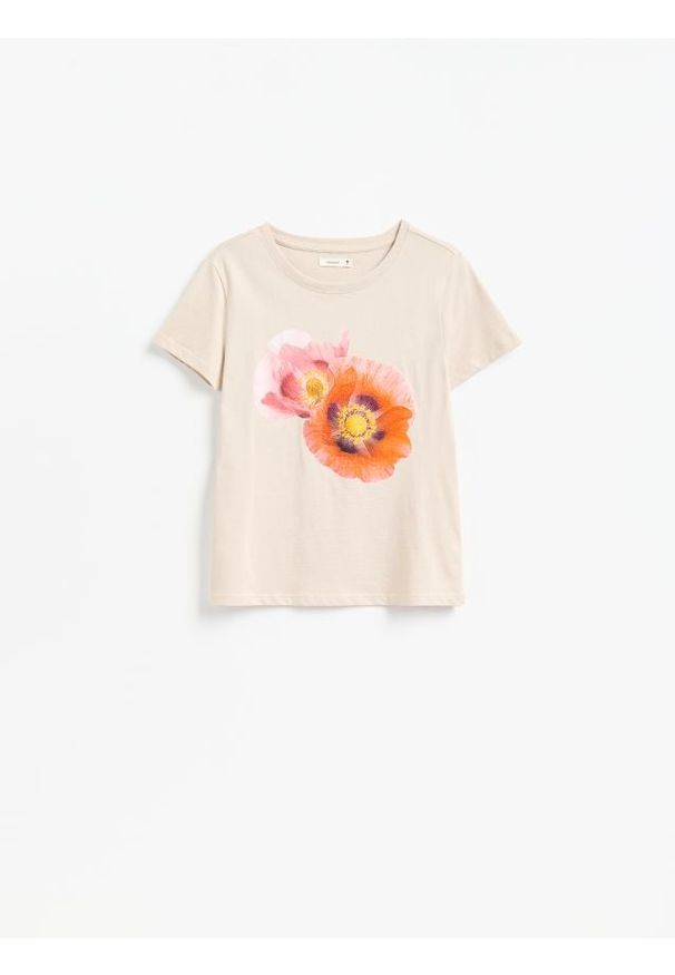 Reserved - Bawełniany t-shirt z nadrukiem - beżowy. Kolor: beżowy. Materiał: bawełna. Wzór: nadruk