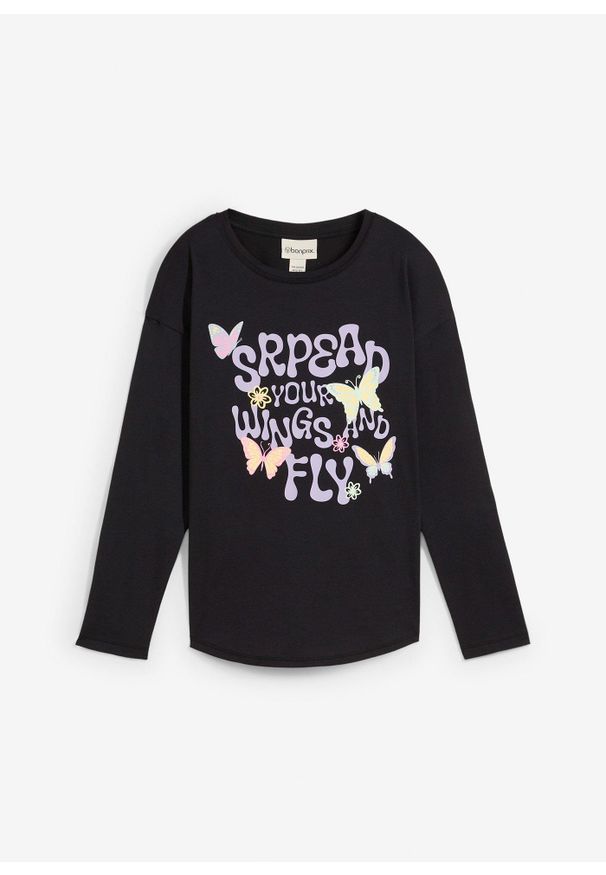 bonprix - Bluzka z długim rękawem z czystej bawełny organicznej. Kolor: czarny. Materiał: bawełna. Długość rękawa: długi rękaw. Długość: długie. Wzór: nadruk. Styl: elegancki