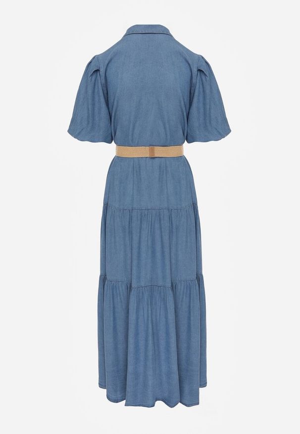 Renee - Jasnoniebieska Koszulowa Sukienka z Wiskozą Paskiem z Plecionki i Bufkami Nedara. Okazja: na co dzień. Kolor: niebieski. Materiał: wiskoza. Typ sukienki: koszulowe. Styl: casual