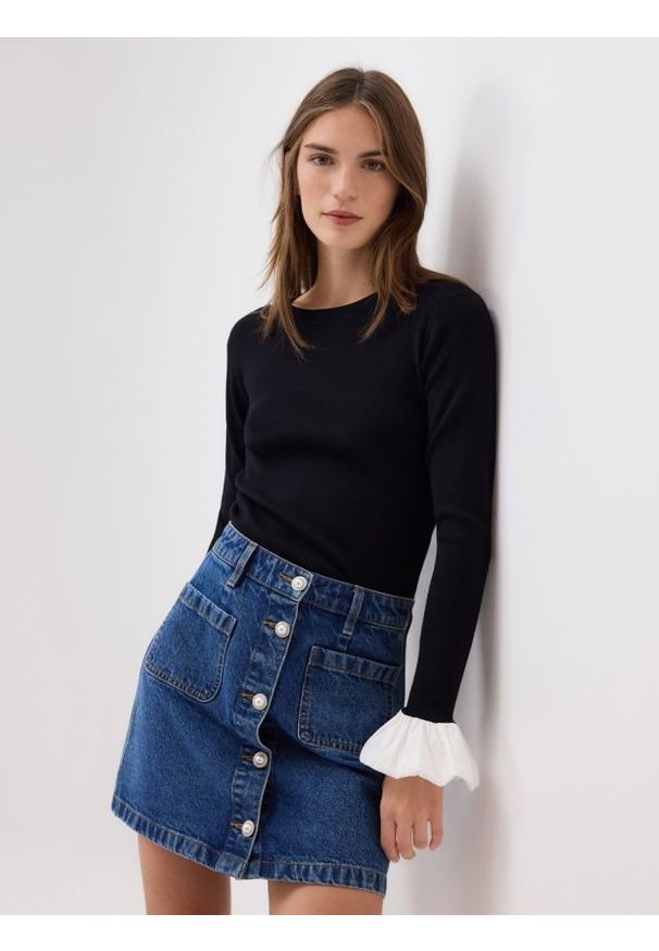 Reserved - Jeansowa spódnica z ozdobnymi guzikami - niebieski. Kolor: niebieski. Materiał: jeans