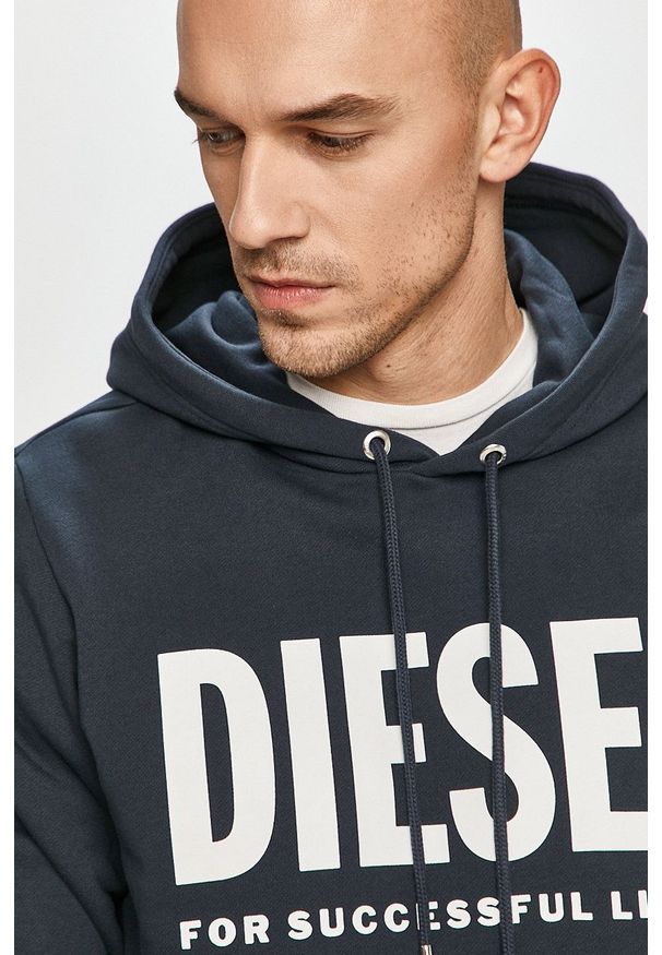Diesel - Bluza. Okazja: na co dzień. Typ kołnierza: kaptur. Kolor: niebieski. Wzór: nadruk. Styl: casual