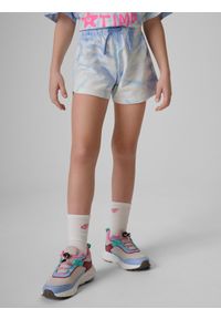 4f - 4F Spodenki dresowe dziewczęce - niebieskie 158 (12-13 lat). Kolor: niebieski. Materiał: dresówka. Wzór: nadruk. Sezon: lato #2