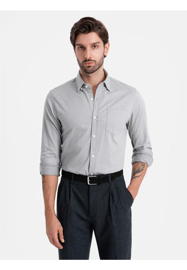 Ombre Clothing - Koszula męska SLIM FIT z ozdobnej tkaniny z kieszonką – szara V2. Okazja: do pracy. Typ kołnierza: kołnierzyk klasyczny. Kolor: szary. Materiał: tkanina. Wzór: haft, ze splotem. Styl: klasyczny, elegancki