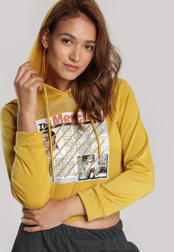Renee - Żółta Bluza Kelasis. Kolor: żółty. Materiał: dresówka, jeans. Długość rękawa: długi rękaw. Długość: długie. Wzór: gładki, napisy, nadruk, aplikacja