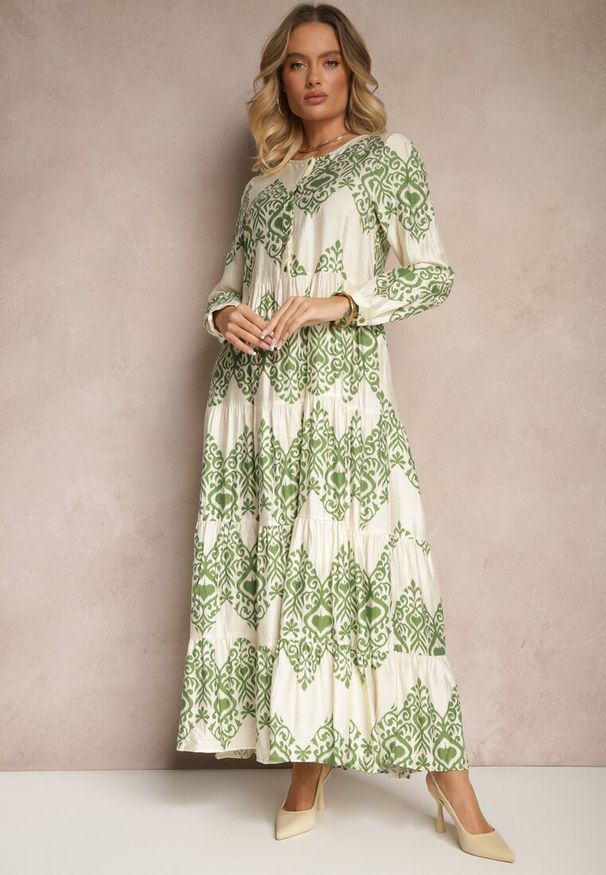 Renee - Zielona Rozkloszowana Sukienka z Wiskozą Zapinana na Guziki Ilathinna. Okazja: na co dzień. Kolor: zielony. Materiał: wiskoza. Długość rękawa: długi rękaw. Typ sukienki: proste. Styl: casual