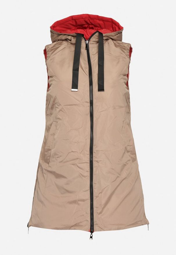 Born2be - Czerwona Pikowana Kamizelka Dwustronna z Kapturem i Troczkami Nevetiani. Typ kołnierza: kaptur. Kolor: czerwony. Materiał: jeans. Styl: elegancki