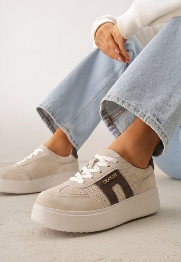 Renee - Beżowe Perforowane Sneakersy Chunky ze Skóry Naturalnej na Platformie Silvanatea. Kolor: beżowy. Materiał: skóra. Obcas: na platformie