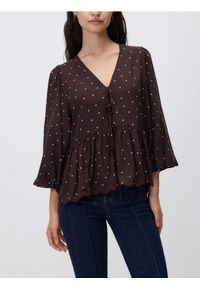 Reserved - Bluzka w groszki - ciemnobrązowy. Kolor: brązowy. Materiał: wiskoza, tkanina. Wzór: grochy
