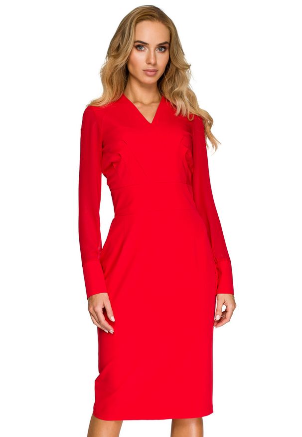 Stylove - Elegancka sukienka ołówkowa midi dekolt V szyfonowe rękawy czerwona. Kolor: czerwony. Materiał: szyfon. Typ sukienki: ołówkowe. Styl: elegancki. Długość: midi