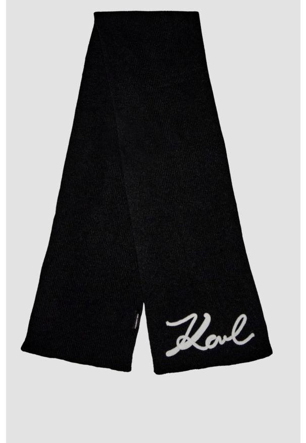 Karl Lagerfeld - KARL LAGERFELD Czarny szalik damski Logo Signature z domieszką wełny. Kolor: czarny. Materiał: wełna. Wzór: aplikacja. Sezon: zima. Styl: klasyczny