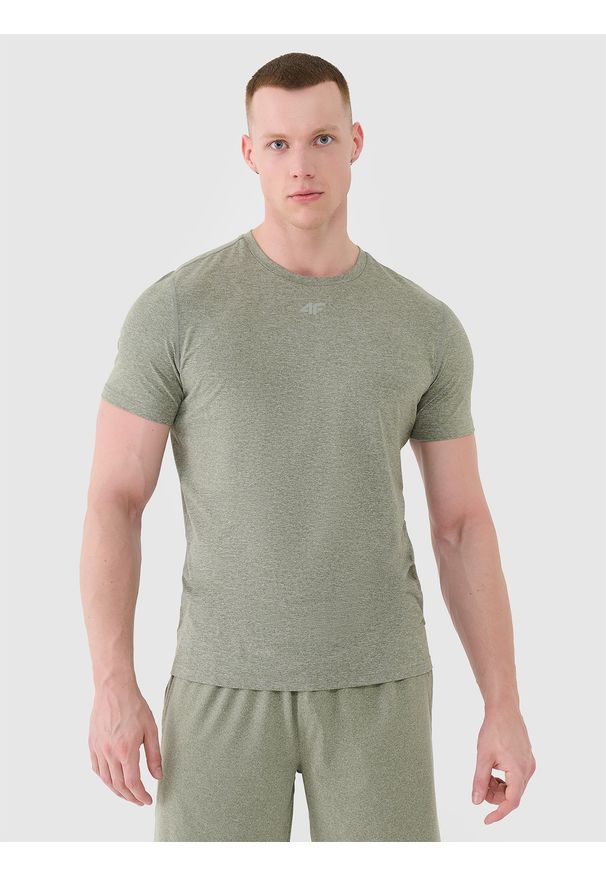 4f - 4F Koszulka treningowa szybkoschnąca męska - oliwkowa/khaki S. Kolor: oliwkowy, wielokolorowy, brązowy. Materiał: elastan, materiał, włókno, dzianina, syntetyk. Wzór: ze splotem, gładki, jednolity. Sport: fitness