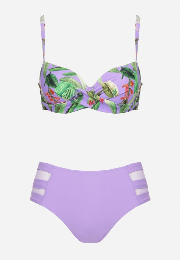 Born2be - Fioletowe Bikini Majtki Figi z Siateczkowymi Wstawkami i Biustonosz w Liście Kinella. Kolor: fioletowy